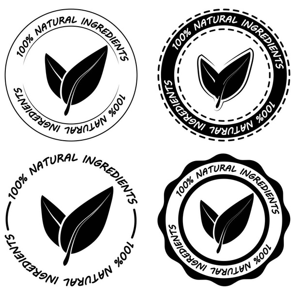Luonnollisia ainesosia. Luonnonmukaisten mustien elintarvikkeiden etiketit. Tuore eko-, kasvis-, luonnollinen, luonnonmukaisia tuotteita, vegaani etiketti ja ekoelintarvikkeiden kuvakkeet. Vegaani logo, vegaanit ruokavalio tarra tai ekologinen tuote leima - Vektori, kuva
