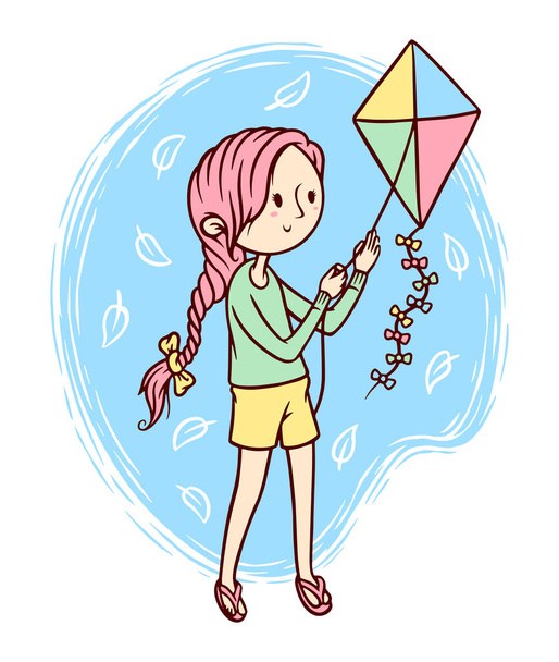 schattig meisje spelen vliegers vector illustratie - Vector, afbeelding