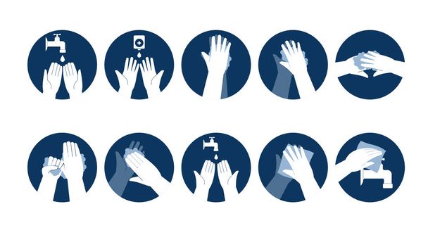 Προσωπική υγιεινή των χεριών, πρόληψη ασθενειών και ιατρικά εκπαιδευτικά infographics: πώς να πλένετε τα χέρια σας βήμα προς βήμα. Εικονογράφηση διανύσματος - Διάνυσμα, εικόνα