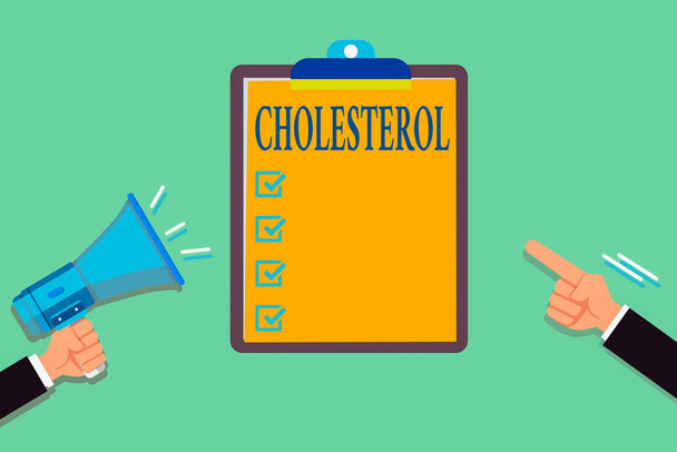 Writing note showing Cholesterol. Business photo showcasing compound of the sterol type found in most body tissues Hu analysis Hands Holding Megaphone Pointing Blank Clipboard. - Photo, Image