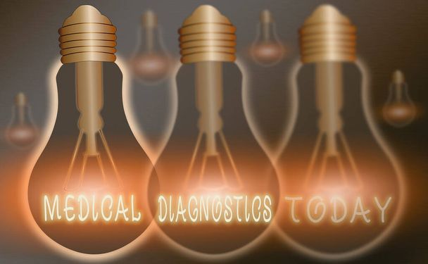 Fogalmi kézírás, ami orvosi diagnózist mutat. Üzleti fotó szöveg azonosítása betegség jelei és tünetei Reális színes vintage izzók, ötlet jel megoldás. - Fotó, kép
