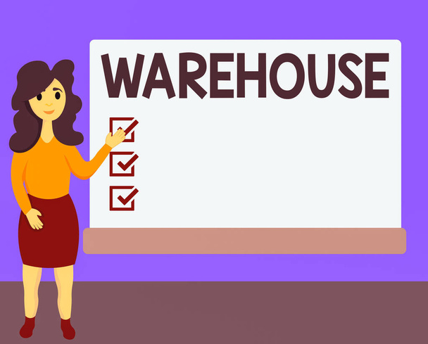 Word writing text Warehouse. Business concept for structure or room for the storage of merchandise or commodities Female Hu analysis Standing Hand Presenting Rectangular Blank Whiteboard. - Photo, Image