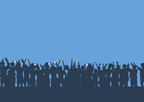 Silhouetten von Zuschauern mit Smartphones auf blauem Hintergrund - Vektor, Bild