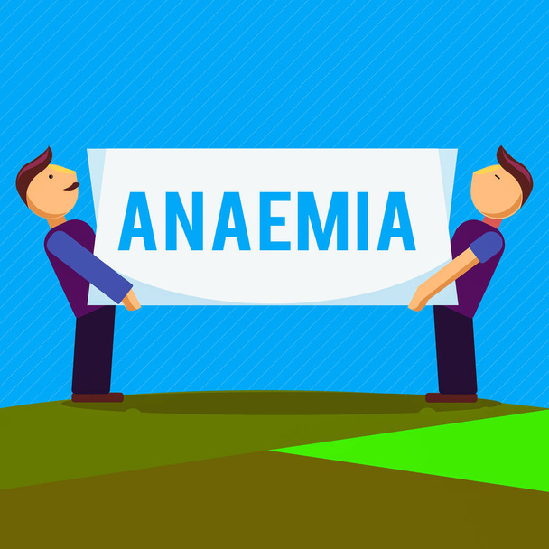 Conceptual hand writing showing Anaemia. Business photo text a condition marked by a deficiency of hemoglobin in the blood Two Men Carrying Rectangular Blank Panel Board on Both Sides. - Photo, Image