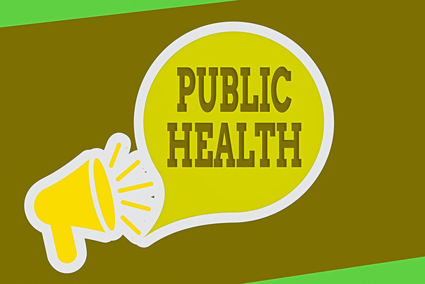 Γραπτό σημείωμα που δείχνει Δημόσια Υγεία. Επιχειρηματική φωτογραφία που αναδεικνύει την επιστήμη για την προστασία και τη βελτίωση της υγείας μιας κοινότητας Megaphone με εικονίδιο Loudness και λευκή φυσαλίδα ομιλίας σε στυλ Sticker. - Φωτογραφία, εικόνα
