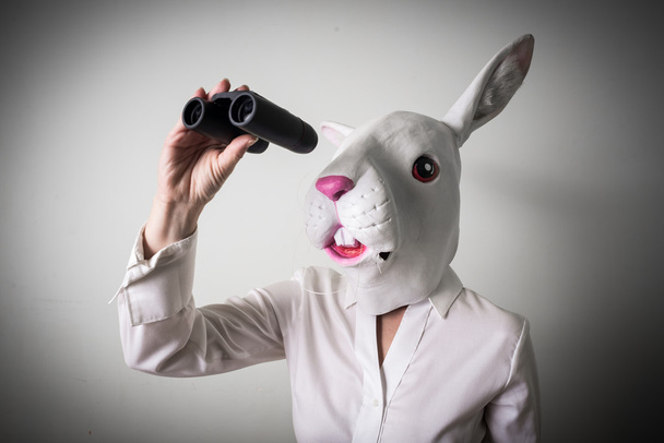 beautiful young businesswoman rabbit mask binocular - Photo, image
