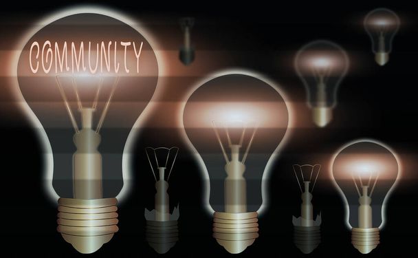 Conceptual hand writing showing Community. Business photo showcasing group of showing with a common characteristics living together Realistic colored vintage light bulbs, idea sign solution. - Photo, Image