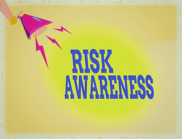 Word writing text Risk Awareness. Business concept for recognizing factors that may cause a lifethreatening effect Hu analysis Hand Holding Megaphone Downward with Lightning Sound Effect Icon. - Photo, Image