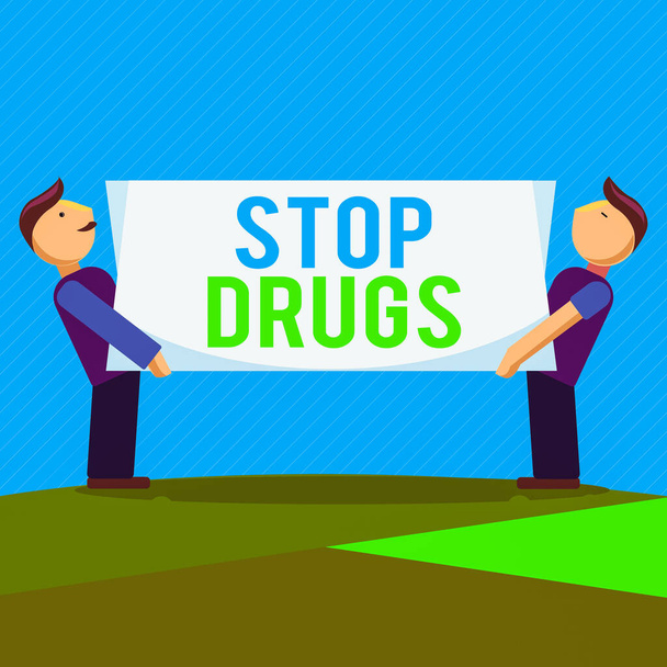 Fogalmi kézírás a Stop Drugs-ról. Az üzleti fotók szövege véget vetett az olyan anyagoktól való függőségnek, mint a heroin vagy a kokain Két férfi, akik téglalap alakú üres panelt szállítanak mindkét oldalon.. - Fotó, kép