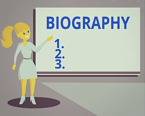 Conceptual hand writing showing Biography. Business photo text an account of the life of something such as an animal, a coin, etc. Wo analysis Presenting Audio Visual Blank Projector Screen. - Photo, Image