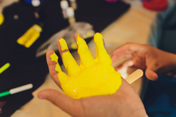 Ingredient for make home made Toy Called Slime, Teenager having fun and being creative homemade slime. Selective focus on Slime. - Foto, Imagen