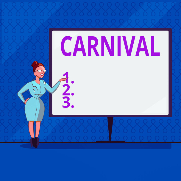 Handwriting text writing Carnival. Concept meaning traveling enterprise offering amusements, exhibitions, etc. Female Doctor with Stethoscope Standing Hand Presenting Blank Whiteboard. - Photo, Image