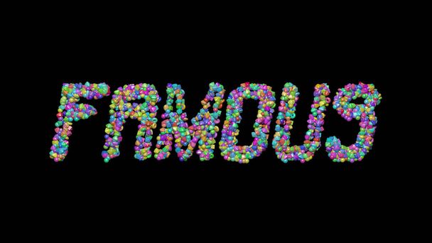 Värikäs 3D-kirjoitus FAMOUS-tekstistä, jossa on pieniä esineitä tummalla taustalla ja vastaava varjo. arkkitehtuuri ja kaupunki - Valokuva, kuva