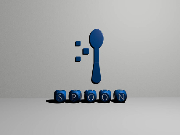 3D illustration of spoon graphics and text made by metallic dice letters for the related meanings of the concept and presentations. background and wooden - Photo, Image