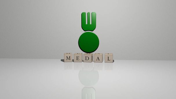3D grafische beeld van medaille verticaal samen met tekst gebouwd door metalen kubieke letters vanuit het bovenste perspectief, uitstekend voor de concept presentatie en diavoorstellingen. illustratie en toekenning - Foto, afbeelding