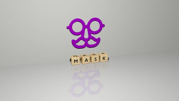 Graficzny obraz 3D MASK pionowo wraz z tekstem zbudowanym metalicznymi literami sześciennymi z górnej perspektywy, doskonały do prezentacji koncepcyjnej i pokazów slajdów. Ilustracja i tło - Zdjęcie, obraz