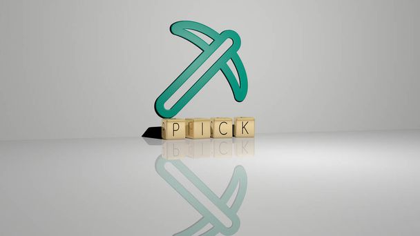 Immagine grafica 3D di PICK verticalmente insieme a testo costruito da lettere cubiche metalliche dalla prospettiva superiore, eccellente per la presentazione del concetto e presentazioni. illustrazione e sfondo - Foto, immagini