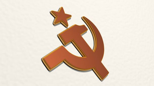 Duvarda Sovyetler Birliği sembolü var. Metalik heykelin beyaz arka planda, yumuşak desenli üç boyutlu çizimi. Yayın ve Rusya - Fotoğraf, Görsel