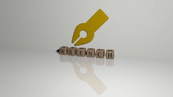 A WRENCH 3D-s grafikus képe függőlegesen, a felső perspektívából fémes köbbetűkkel készült szöveggel együtt, kiváló a koncepció bemutatásához és a diavetítésekhez. illusztráció és ikon - Fotó, kép