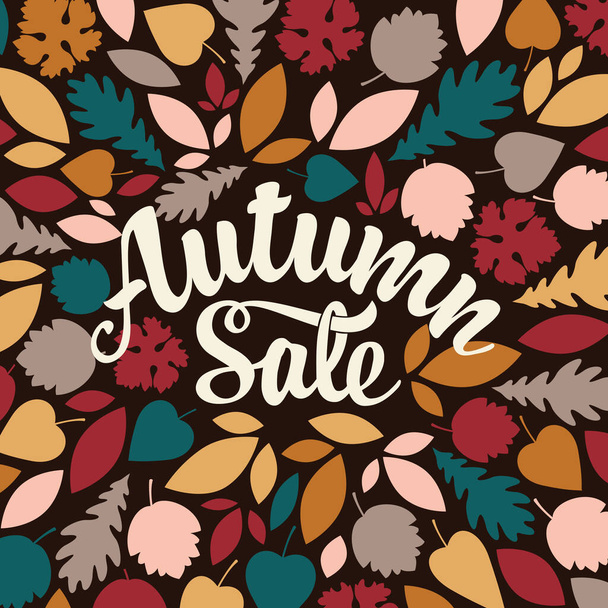 Autumn sale banner with calligraphic lettering and colorful autumn leaves on the black background. Vector decorative illustration in flat style. Suitable for flyer, banner, poster, price tag, label - Вектор, зображення
