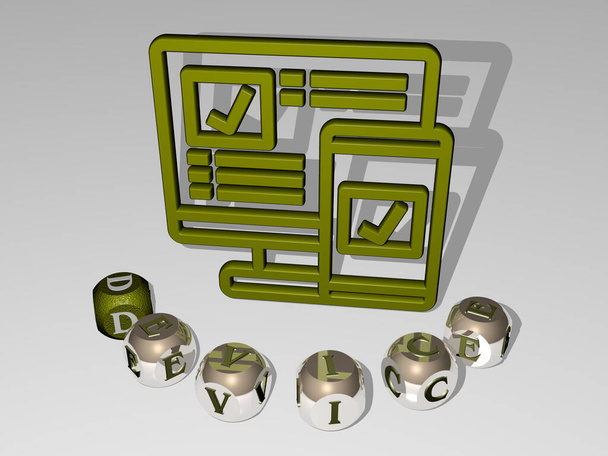 3D illustratie van DEVICE graphics en tekst rond het icoon gemaakt door metalen dobbelstenen letters voor de gerelateerde betekenissen van het concept en presentaties. achtergrond en digitaal - Foto, afbeelding