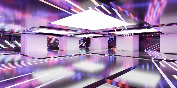 360 completo equirectangular panorama oscuro abstracto reflexivo salón futurista neón iluminación 3d representación ilustración
 - Foto, Imagen