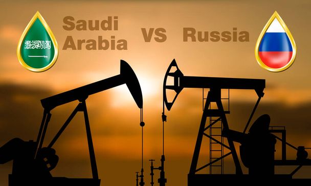 Saudi-Arabien gegen Russland, Banner zur Ölförderung mit Silhouetten von Ölpumpen und Fahnen, gezeichnet als Öltropfenvektorillustration - Vektor, Bild