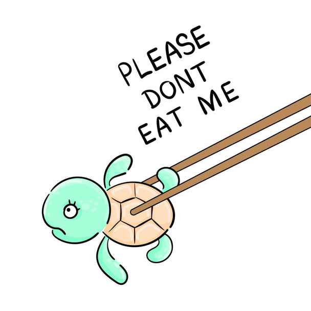 Niedliche Salatschildkröten sagen - Bitte fresse mich nicht! Kleine Schildkröten halten Stöcke für Sushi und wollen essen. Handgezeichnete Vektorillustration. Zeichentrickstil - Vektor, Bild