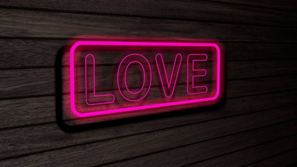 Amour rose néon tubes fluorescents signes sur le mur en bois. rendu 3D, illustration, affiche, bannière. Inscription, concept sur fond de mur en bois gris. - Photo, image