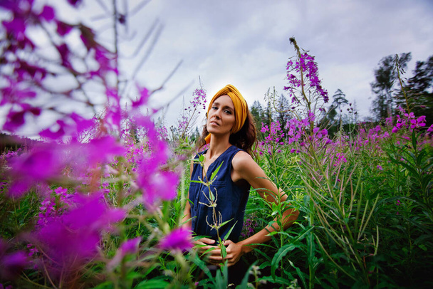 Una joven hermosa colecciona flores en un campo. Una mujer camina por un campo de flores. Un ramo de flores rosadas de ciprés de hoja estrecha té Iván
. - Foto, Imagen