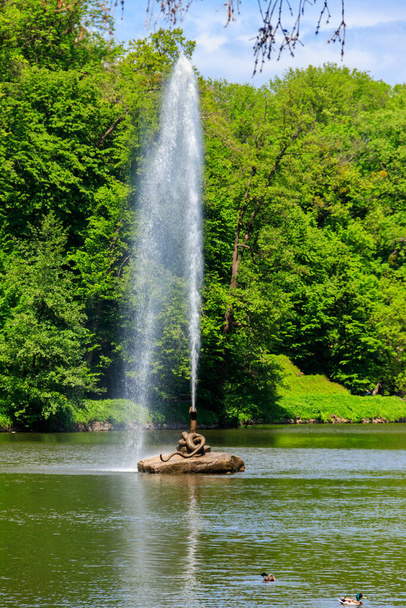 Vue d'un lac avec fontaine serpent dans le parc Sofiyivka à Uman, Ukraine - Photo, image