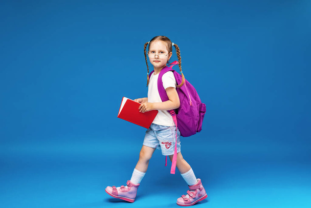 Happy little girl with glasses goes to school for the first time. A full-length child with a school bag and a book in his hand on a blue background. Child in the classroom. Back to school. - Photo, image