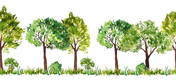 handgetekende aquarel naadloze horizontale rand van groene zomerlenteboom weelderige gebladerte met bruine stam struiken. Geschilderd landschapselement. Bos bos bos avontuur foto 's. Milieuzaken - Foto, afbeelding