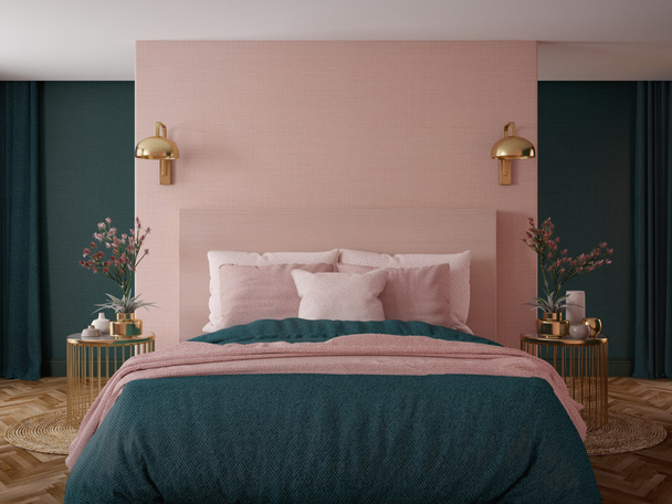 Dormitorio interior.Art deco style.Design con verde rosa y oro color.3d representación
 - Foto, imagen
