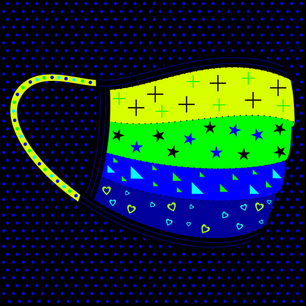 Векторная иллюстрация стилизованной дизайнерской маски для защиты от коронавируса или болезни Ковида 19 на украшенном черном фоне - Вектор,изображение