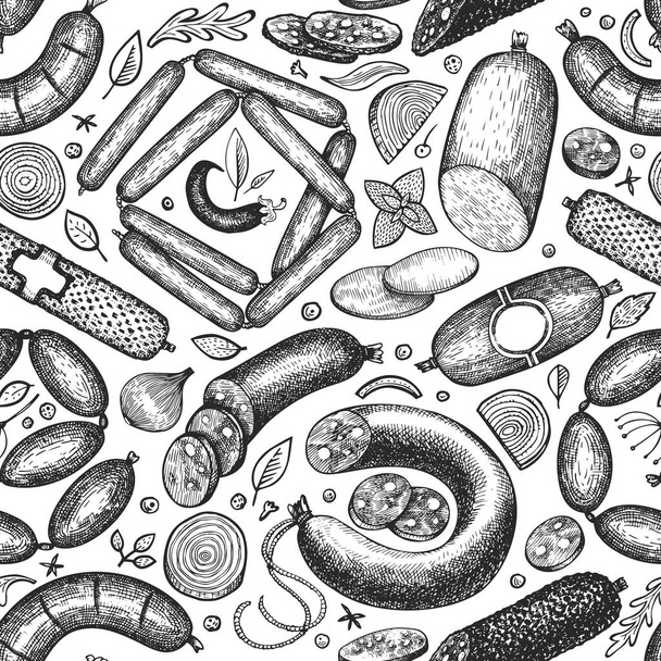Vintage vector meat products seamless pattern. Hand drawn sausage, wurst and herbs background. Meat food vintage illustrations - Διάνυσμα, εικόνα
