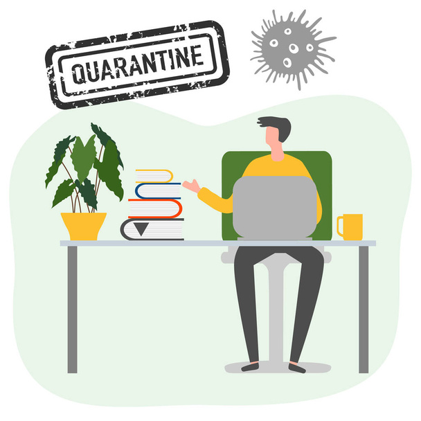 Vector illustration Stay home. Social distancing advice Separation. China virus COVID-19 Human working on laptop. Remote work. Quarantine Pandemic Health Reducing risk of infection prevention measures - Вектор, зображення