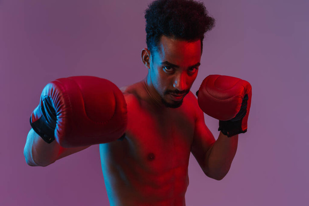 Portrait of handsome half-naked african american man poising in boxing gloves isolated over violet background - 写真・画像