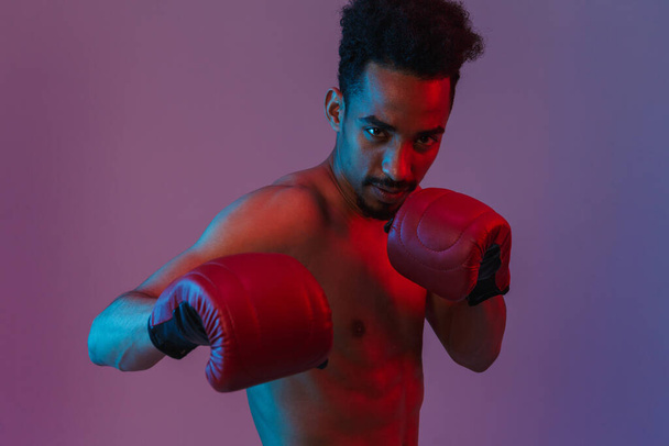 Portrait of focused half-naked african american man poising in boxing gloves isolated over violet background - Foto, imagen