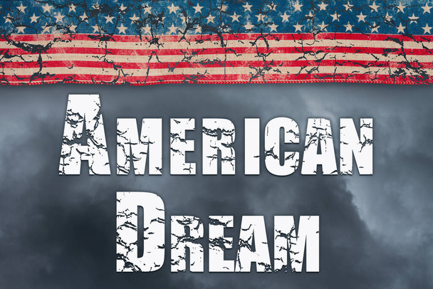 American Dream word message with retro USA stars and stripes ribbon clouds and stormy sky - Photo, image