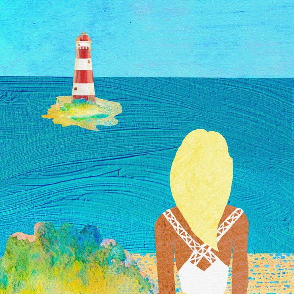 Chica rubia junto al mar mira el faro. Ilustración pintoresca
. - Foto, imagen