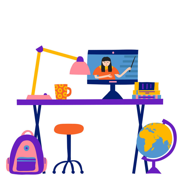 Online koulutus käsite. Kotimainen huone, jossa on pöytä ja esineitä. Opiskelen internetissä. Naisopettaja monitorissa. Lamppu, maapallo, tuoli, kirjat, muki, reppu. Käsin piirretty vektori - Vektori, kuva