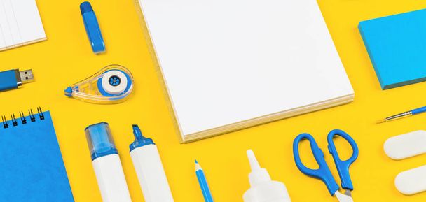Assorted office and school white and blue stationery on bright yellow background. Organized knolling for back to school or education and craft concept. Selective focus. Banner. Copy space - Photo, Image