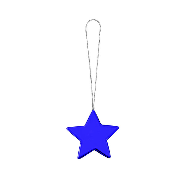 Μπλε αστέρι κρέμεται σε νήμα σε λευκό φόντο απομονωμένο από κοντά, χριστουγεννιάτικο δέντρο διακόσμηση, πολύχρωμο λαμπερό αστέρι σε σχήμα μπιχλιμπίδι, παραδοσιακό στοιχείο σχεδιασμού διακόσμηση του νέου έτους, διακοσμητικά Χριστούγεννα παιχνίδι - Φωτογραφία, εικόνα
