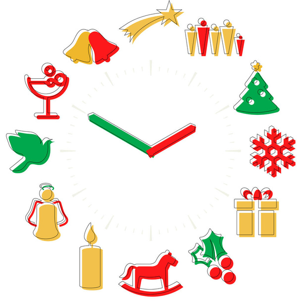 En Navidad. Iconos de actividades en una esfera de reloj con horas. - Vector, Imagen