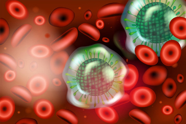 Viry v krevním oběhu. Červené krvinky pod mikroskopem. - Vektor, obrázek