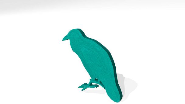 O BIRD de uma perspectiva na parede. Uma escultura espessa feita de materiais metálicos de renderização 3D. animal e ilustração
 - Foto, Imagem