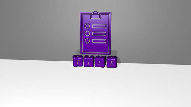 3D-weergave van FILE met icoon op de muur en tekst gerangschikt door metalen kubieke letters op een spiegelvloer voor concept betekenis en diavoorstelling presentatie. illustratie en achtergrond - Foto, afbeelding