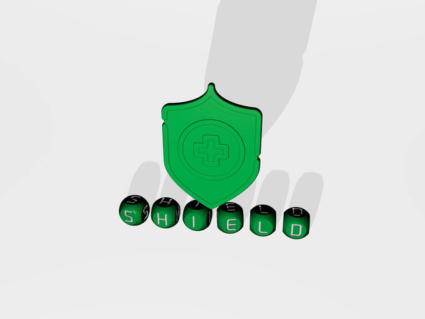 Representação 3D de escudo com ícone na parede e texto dispostos por letras cúbicas metálicas em um piso espelho para significado conceito e apresentação slideshow. ilustração e design
 - Foto, Imagem