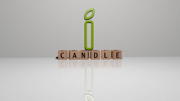 3D графічне зображення CANDLE вертикально поряд з текстом, побудованим металевими кубічними літерами з верхньої точки зору, відмінно підходить для презентації концепції та показу слайдів. фон та ілюстрація
 - Фото, зображення